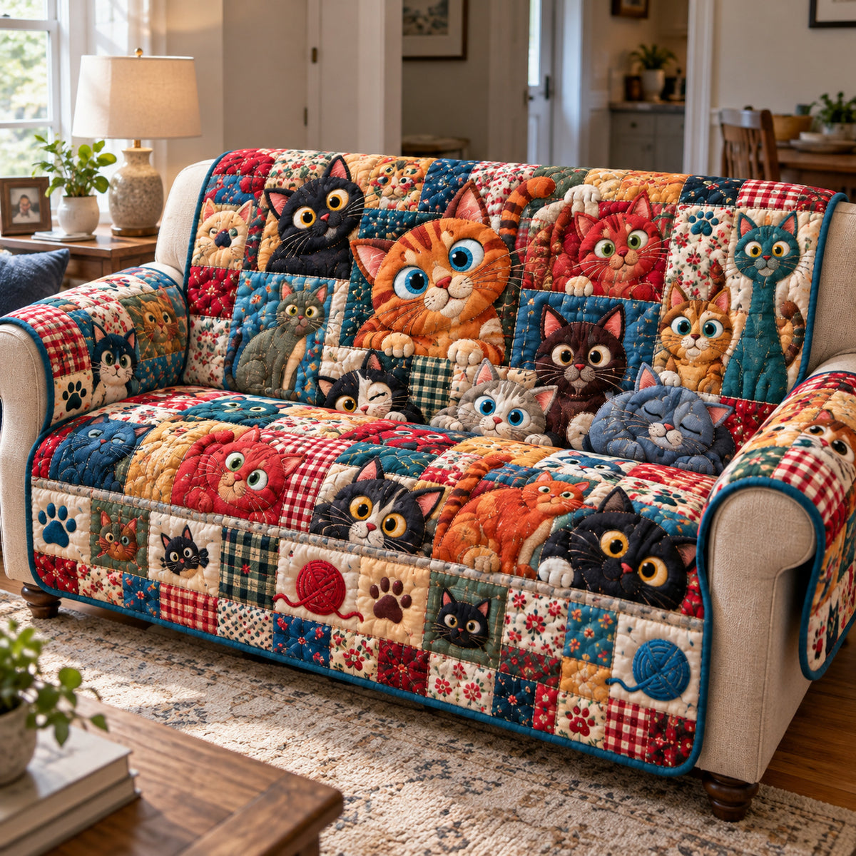Cat Patchwork Quilted Sofa Cover GFTONPT2150