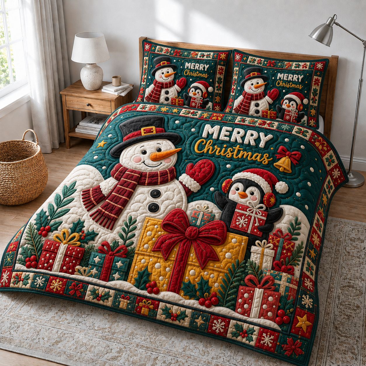 Snowman Cheer Holiday 3-Piece Quilted Bedding Set GFTONPT217