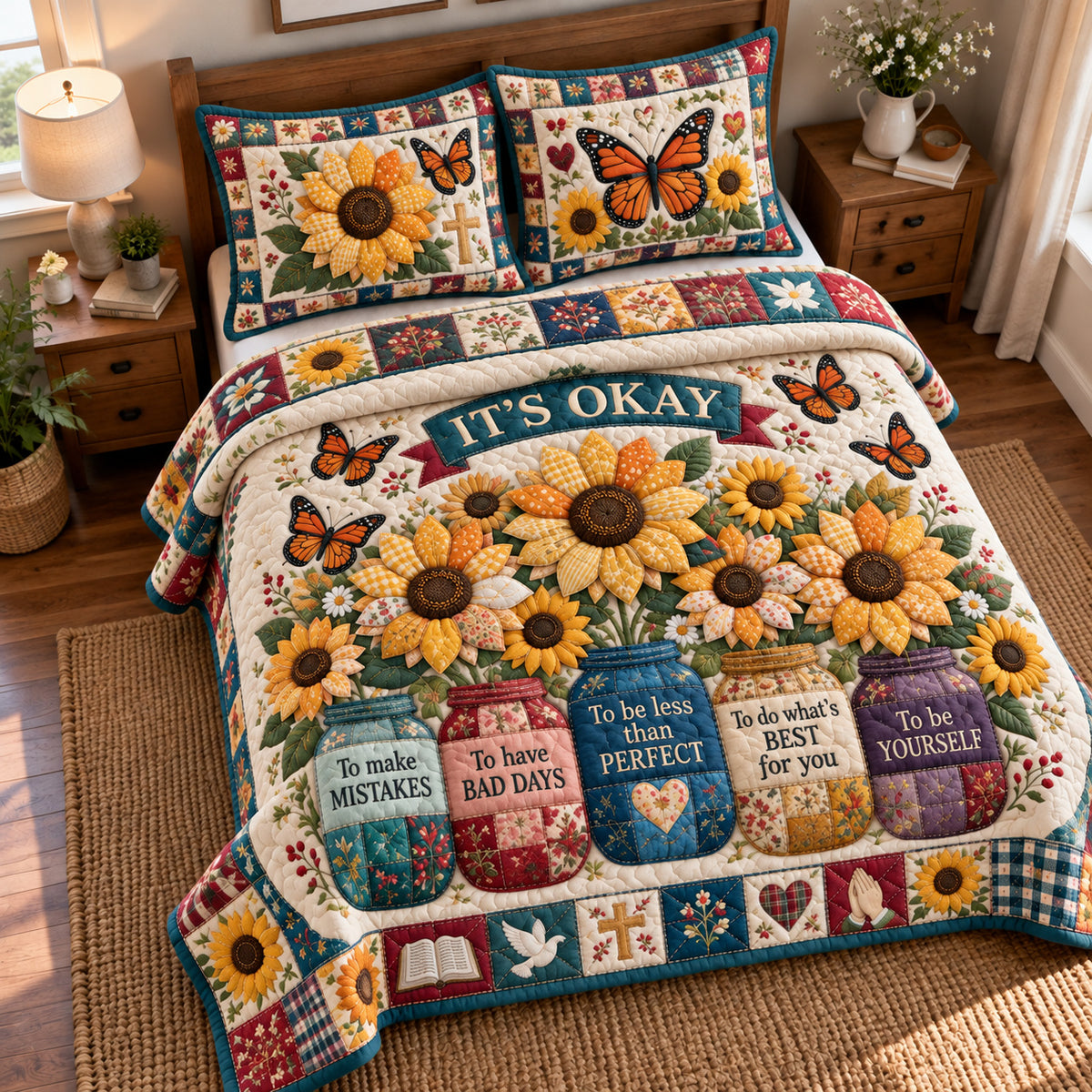 Sunflower Butterfly Grace 3-Piece Quilted Bedding Set GFTONPT2171