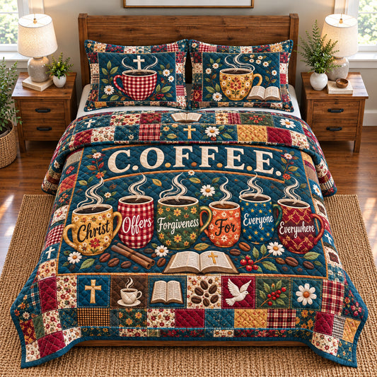 Coffee Patchwork Comfort 3-Piece Quilted Bedding Set GFTONPT2175