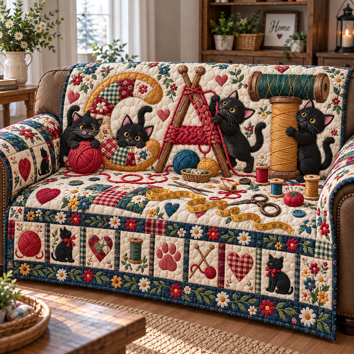 Cat Patchwork Charm Quilted Sofa Cover GFTONPT2176