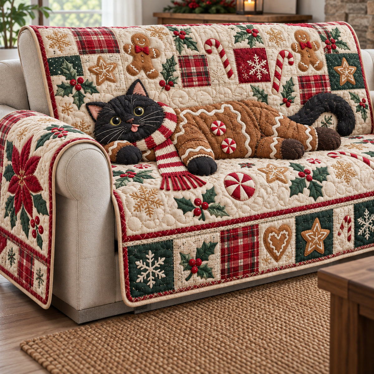 Christmas Cat Snuggles Quilted Sofa Cover GFTONPT2178