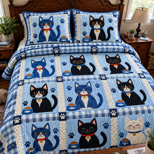 Cat Blue 3-Piece Quilted Bedding Set GFTONPT2201