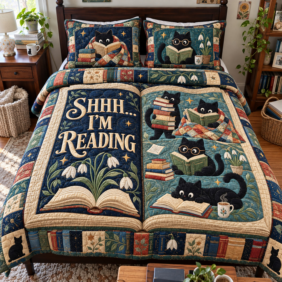 Cat Reading 3-Piece Quilted Bedding Set GFTONPT2205