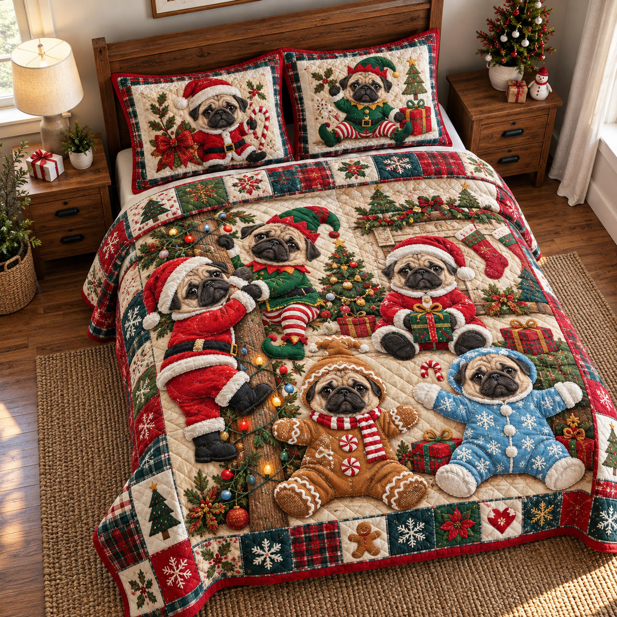 Pug Christmas 3-Piece Quilted Bedding Set GFTONPT2207