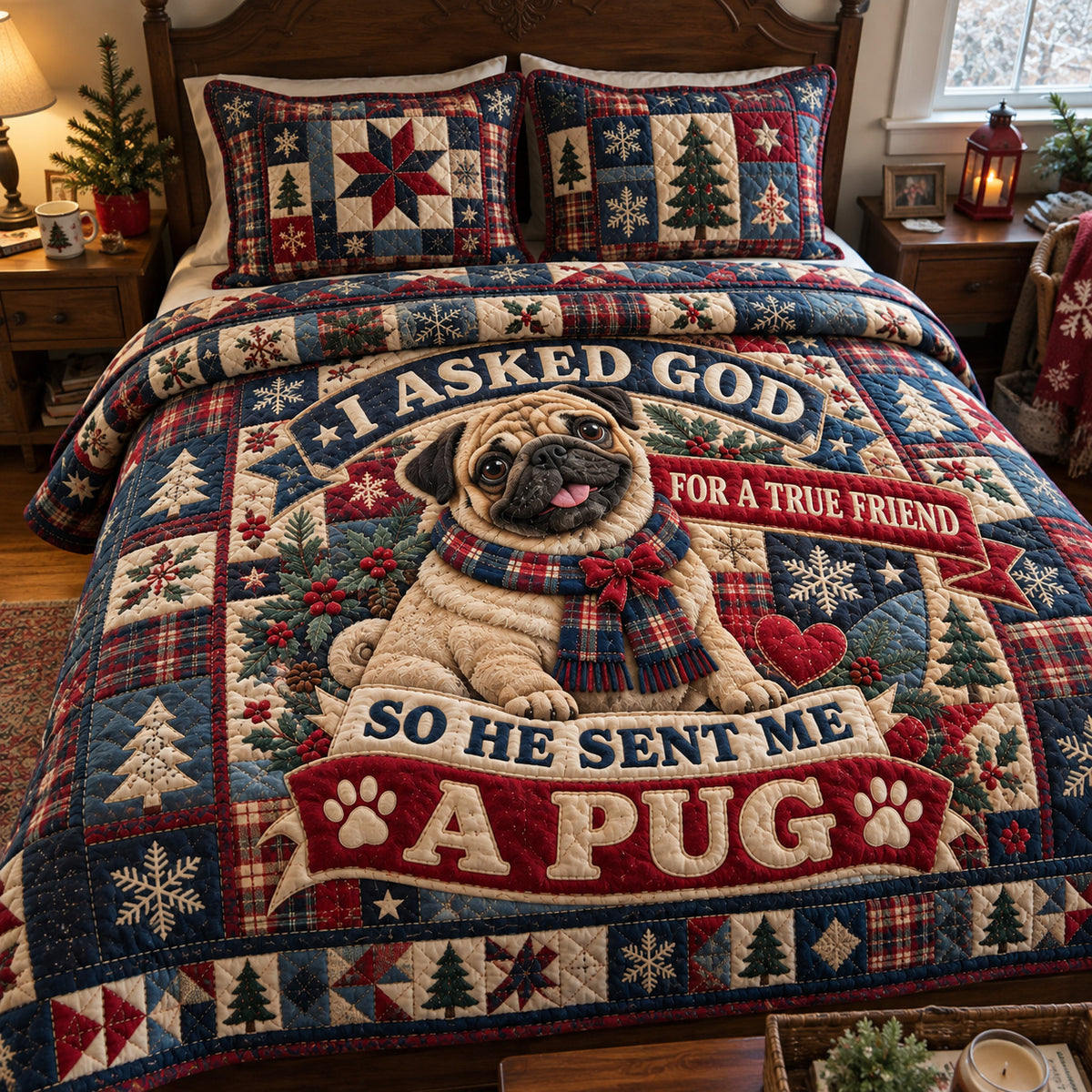 Pug Holiday 3-Piece Quilted Bedding Set GFTONPT2209