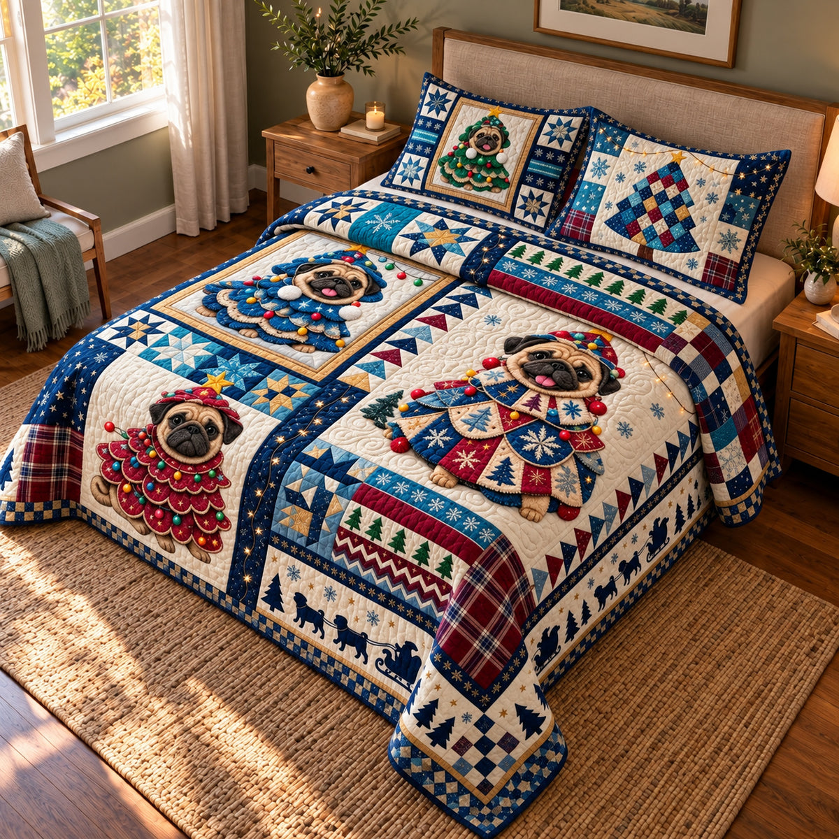 Pug Festive 3-Piece Quilted Bedding Set GFTONPT2210