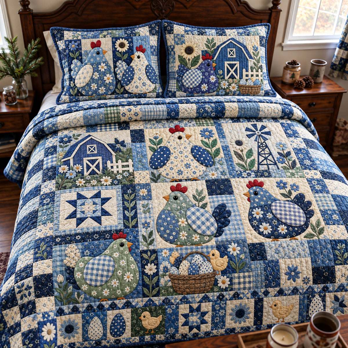 Chicken Patchwork 3-Piece Quilted Bedding Set GFTONPT2236
