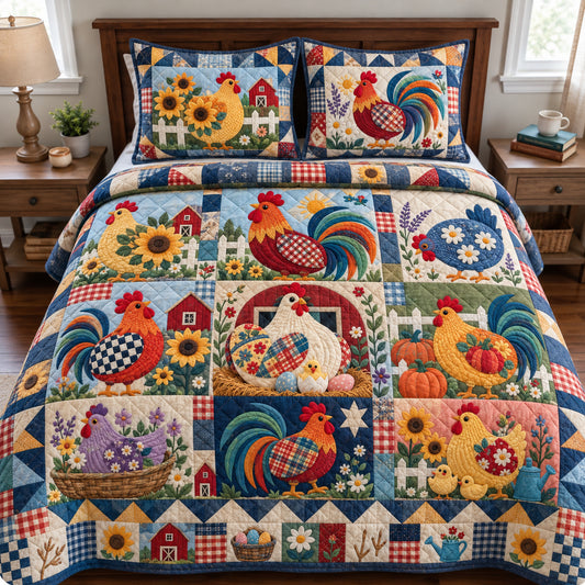 Chicken Farmhouse 3-Piece Quilted Bedding Set GFTONPT2238