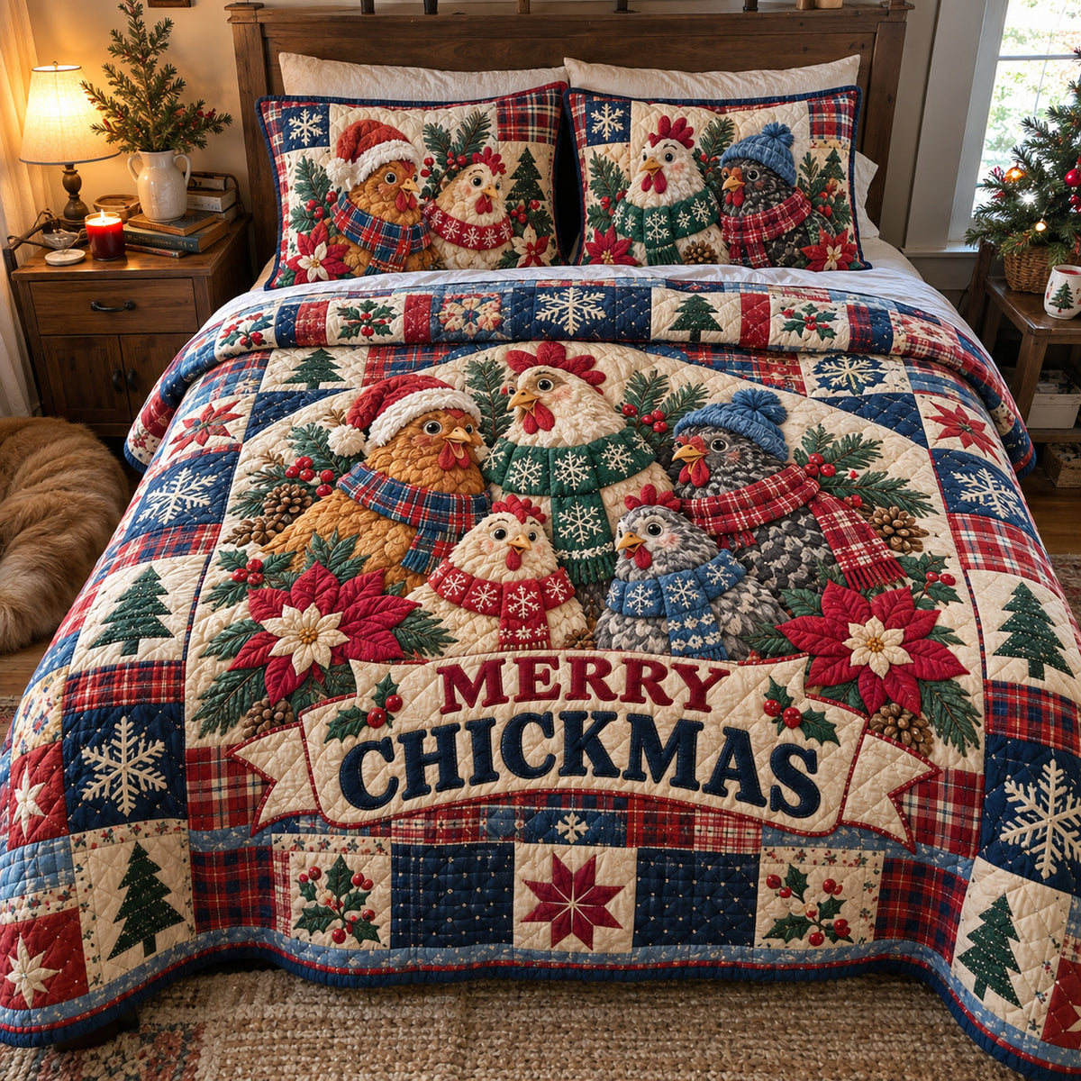 Chicken Chickmas 3-Piece Quilted Bedding Set GFTONPT2240