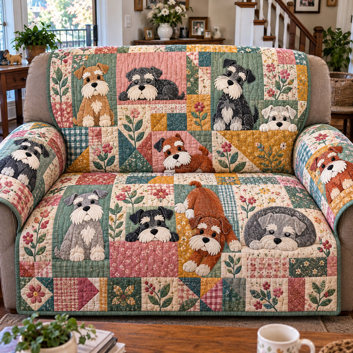 Schnauzer Wildflower Quilted Sofa Cover GFTONPT2243