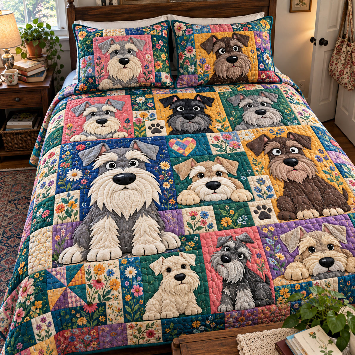 Wildflower Schnauzer 3-Piece Quilted Bedding Set GFTONPT2267