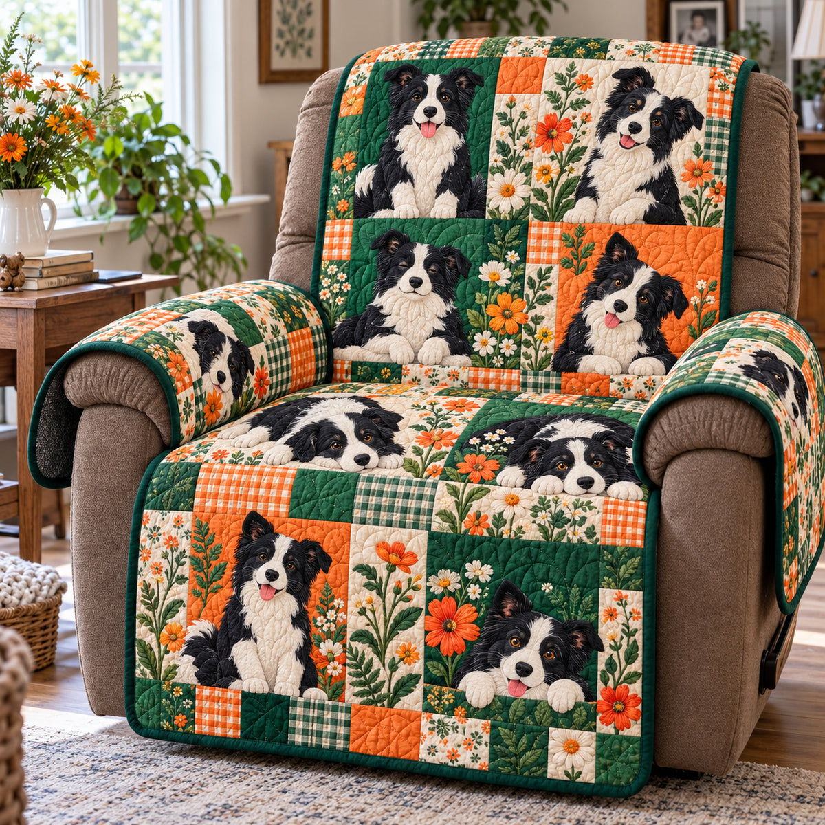 Wildflower Border Collie Quilted Sofa Cover GFTONPT2278