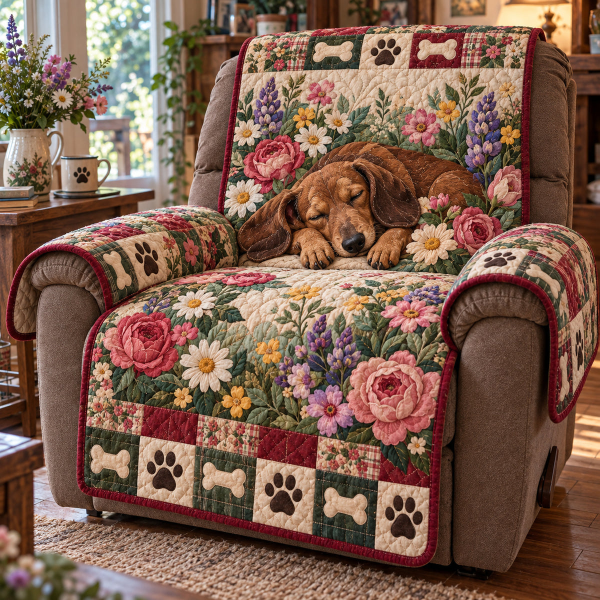 Dachshund Flower Quilted Sofa Cover GFTONPT2323
