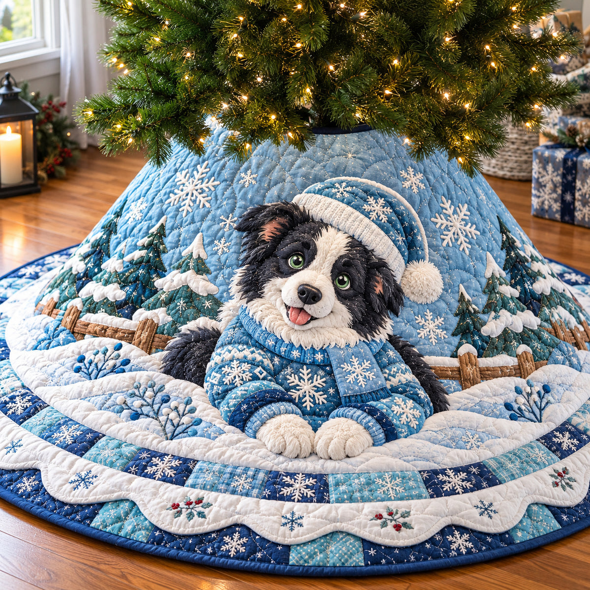 Border Collie Snowy Quilted Tree Skirt GFTONPT2328