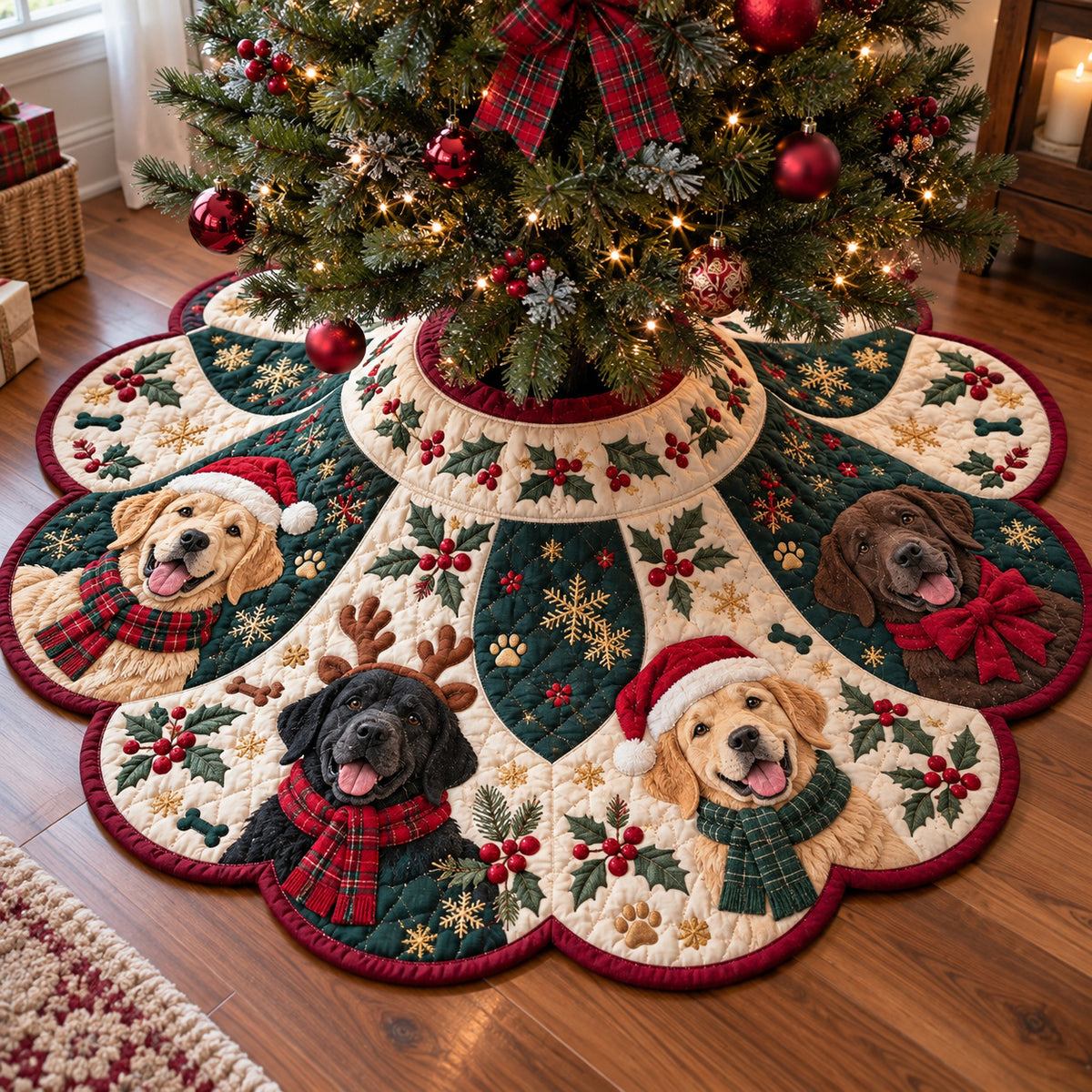 Festive Labrador Custom Shape Christmas Quilted Tree Skirt GFTONPT2363