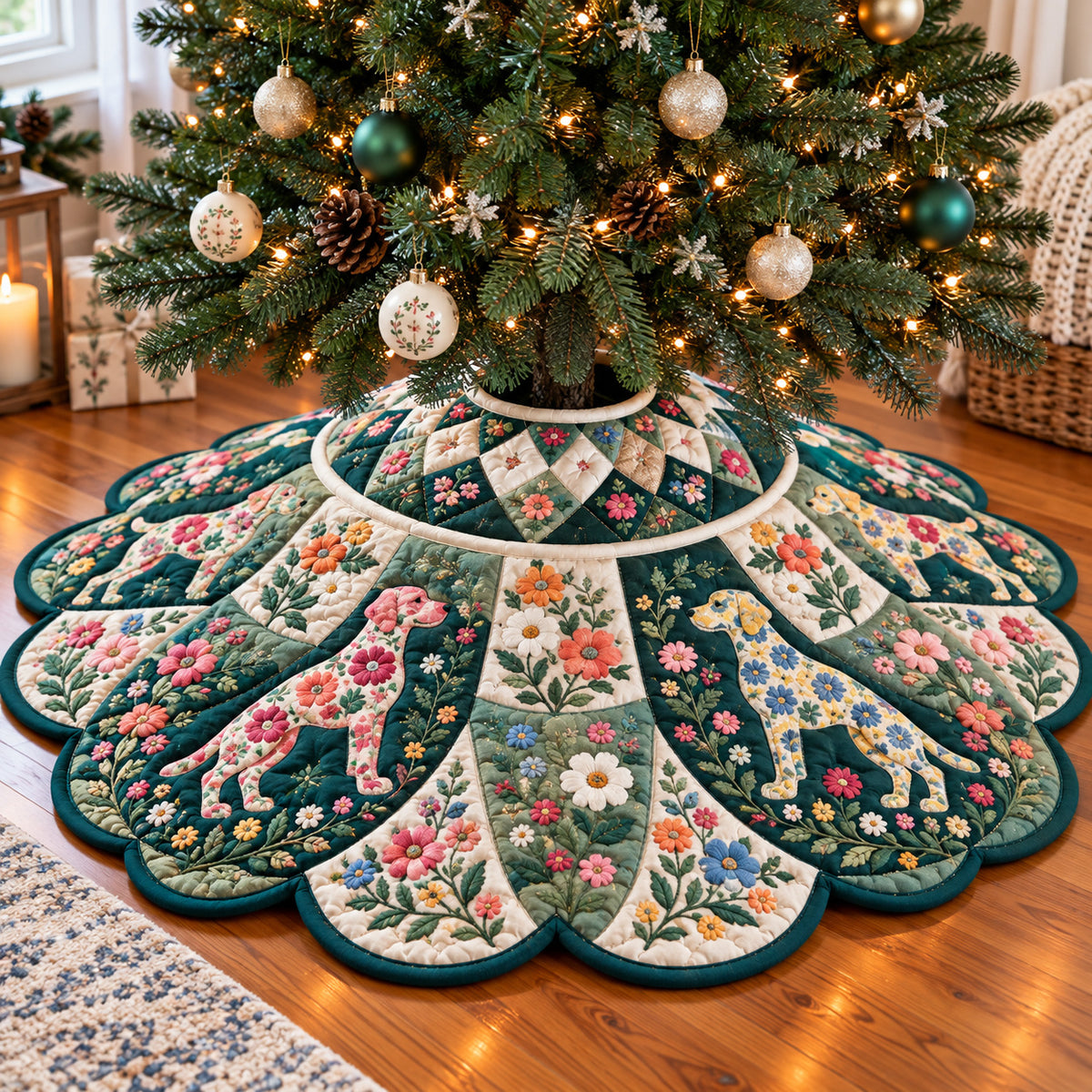 Labrador Retriever Flower Custom Shape Christmas Quilted Tree Skirt GFTONPT2364