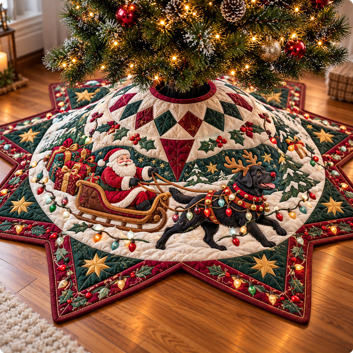 Labrador Santa Custom Shape Christmas Quilted Tree Skirt GFTONPT2365