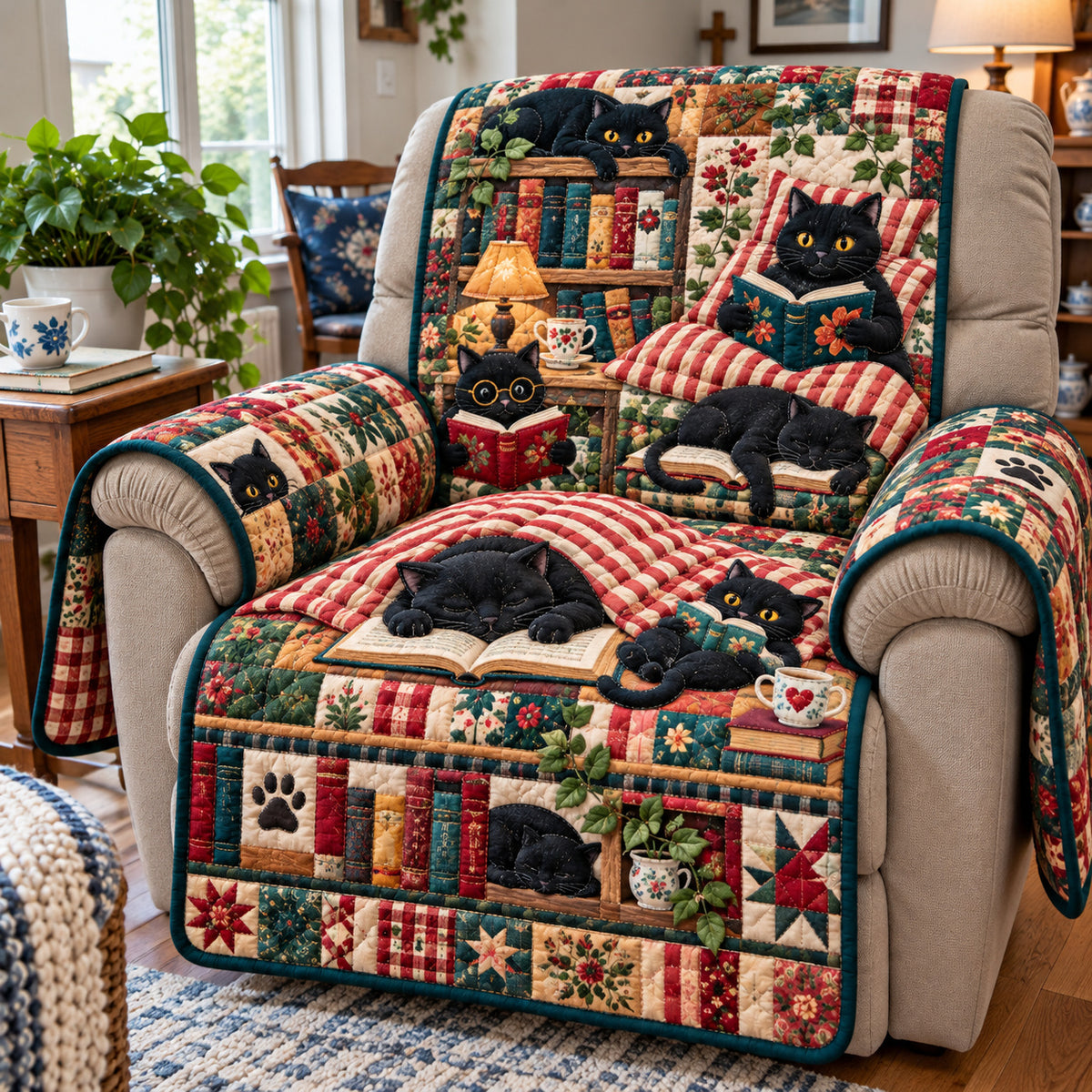 Black Cat Book Quilted Sofa Cover GFTONPT2374