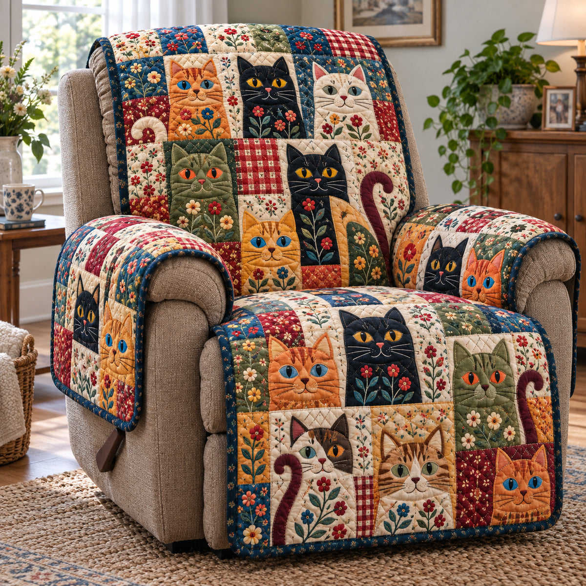 Cat Patchwork Flower Quilted Sofa Cover GFTONPT2381