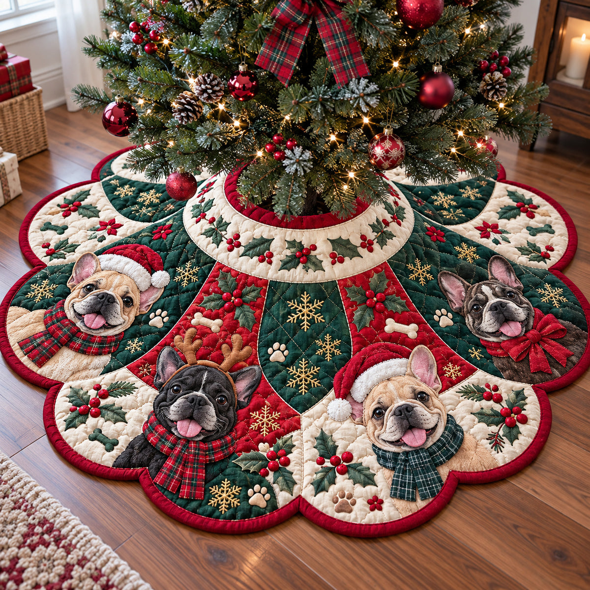 Frenchie Christmas Custom Shape Christmas Quilted Tree Skirt GFTONPT2386