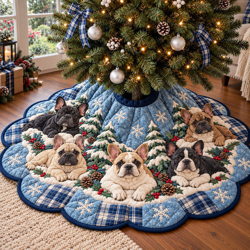 Frenchie Snowy Custom Shape Christmas Quilted Tree Skirt GFTONPT2389