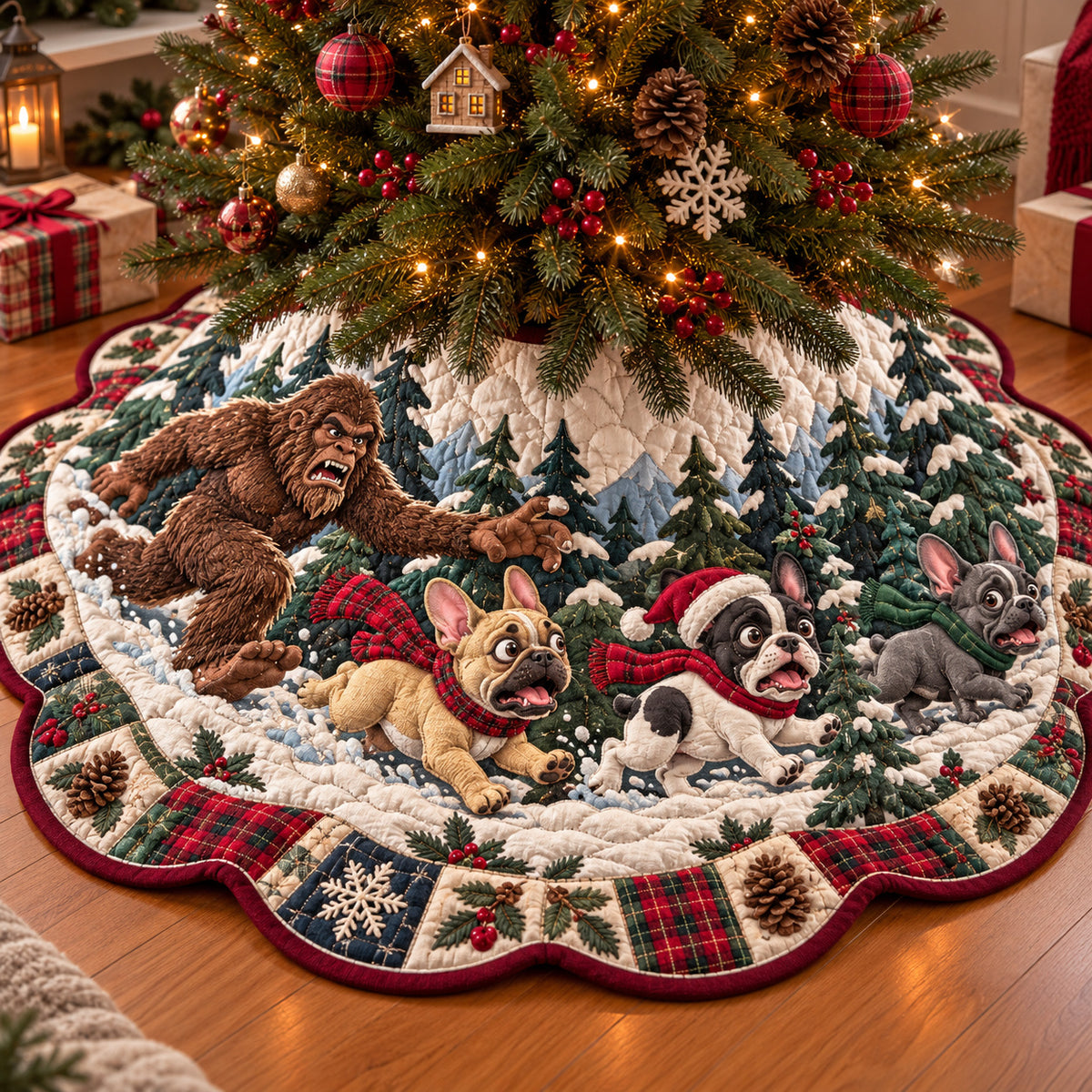 Frenchie Bigfoot Custom Shape Christmas Quilted Tree Skirt GFTONPT2390