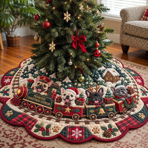 Frenchie Christmas Express Custom Shape Christmas Quilted Tree Skirt GFTONPT2391