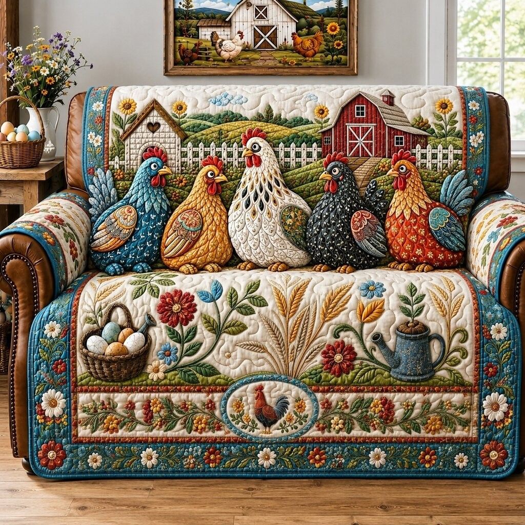 Country Chickens Life Quilted Sofa Cover GFTONPT254