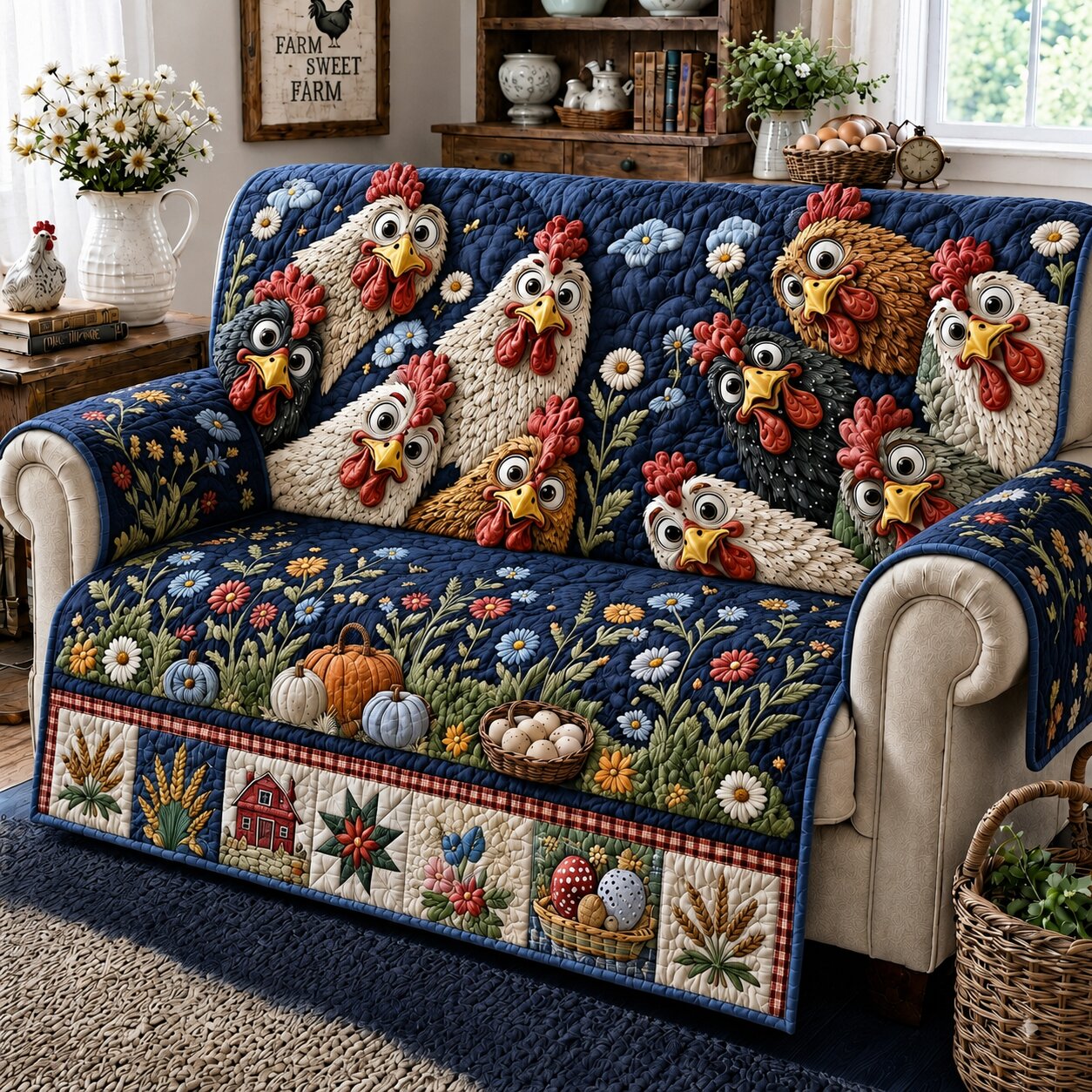 Farmhouse Chickens Love Quilted Sofa Cover GFTONPT255