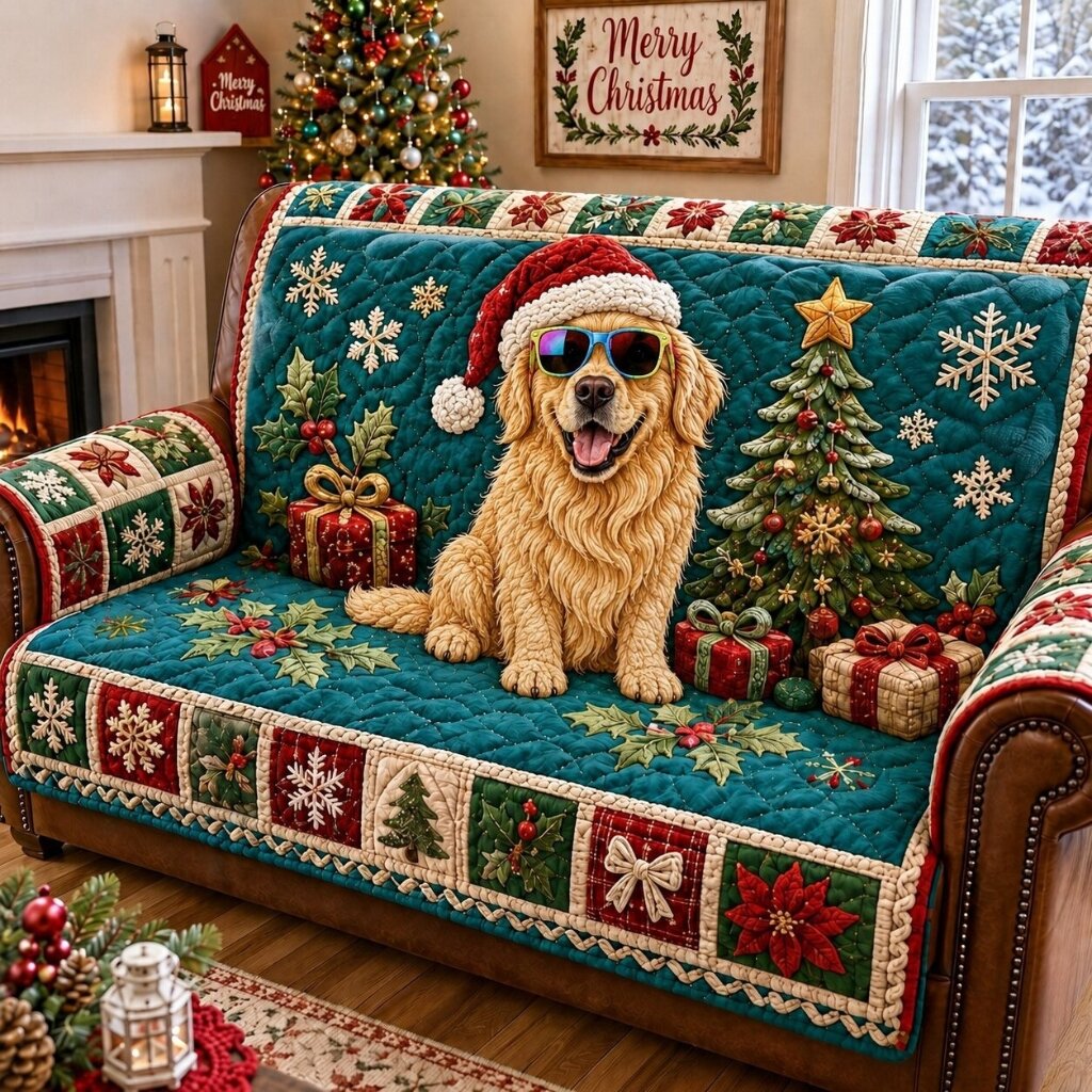Christmas Golden Retriever Cheer Quilted Sofa Cover GFTONPT284