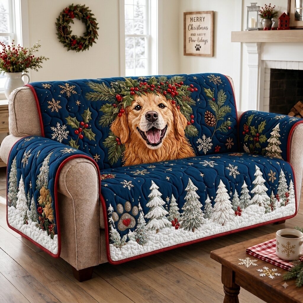 Christmas Golden Retriever Wishes Quilted Sofa Cover GFTONPT286