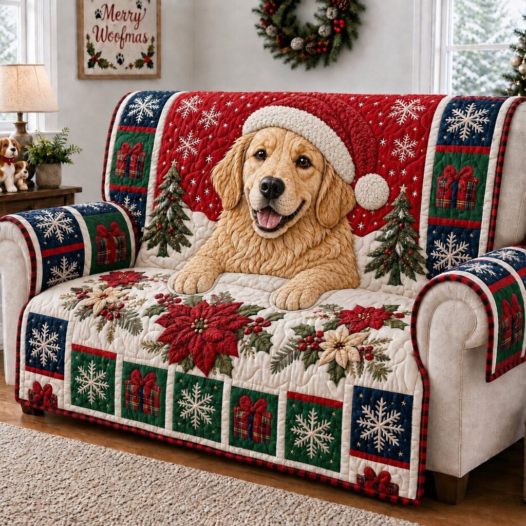 Christmas Golden Retriever Holiday Quilted Sofa Cover GFTONPT287