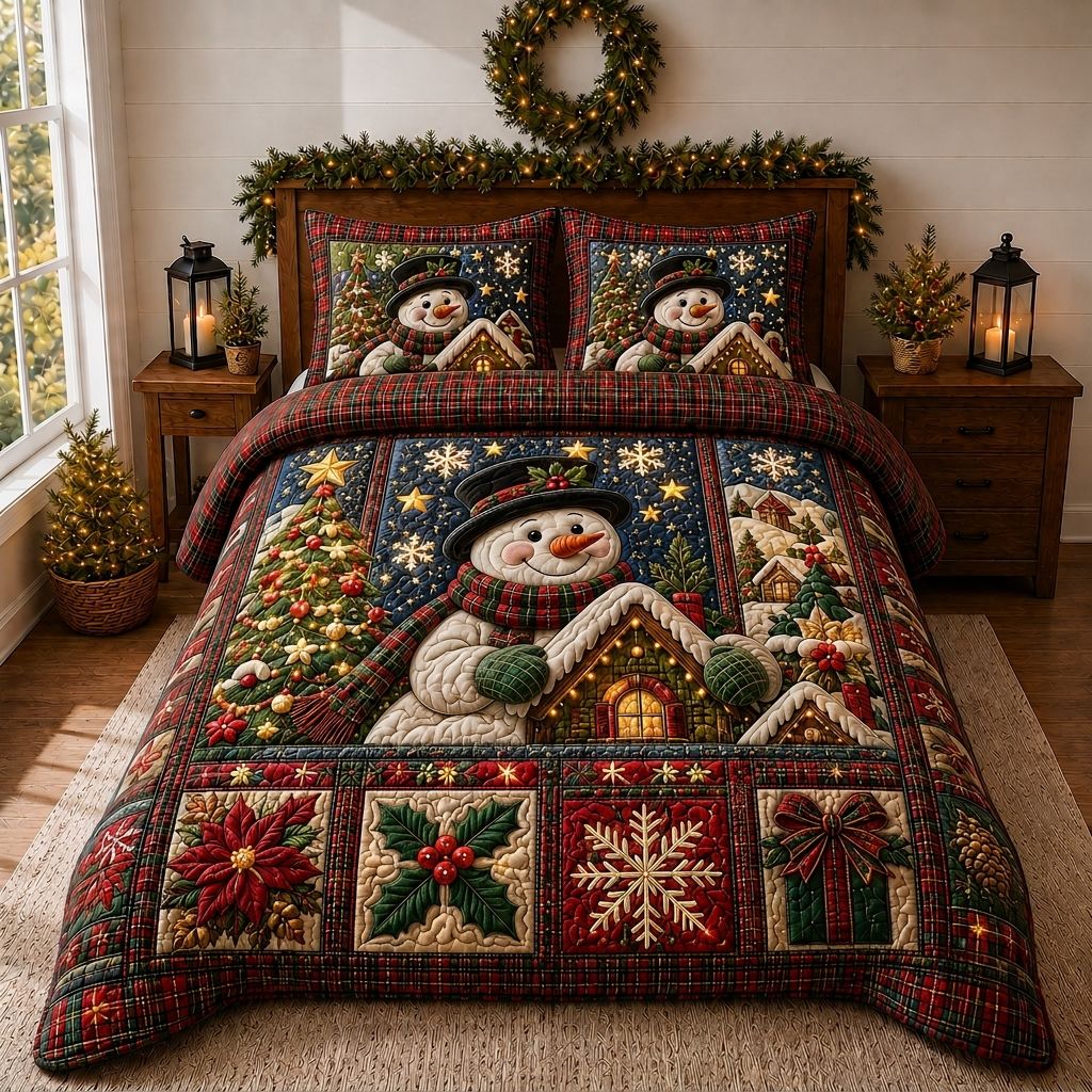 Snowman Village 3-Piece Quilted Bedding Set GFTONPT327