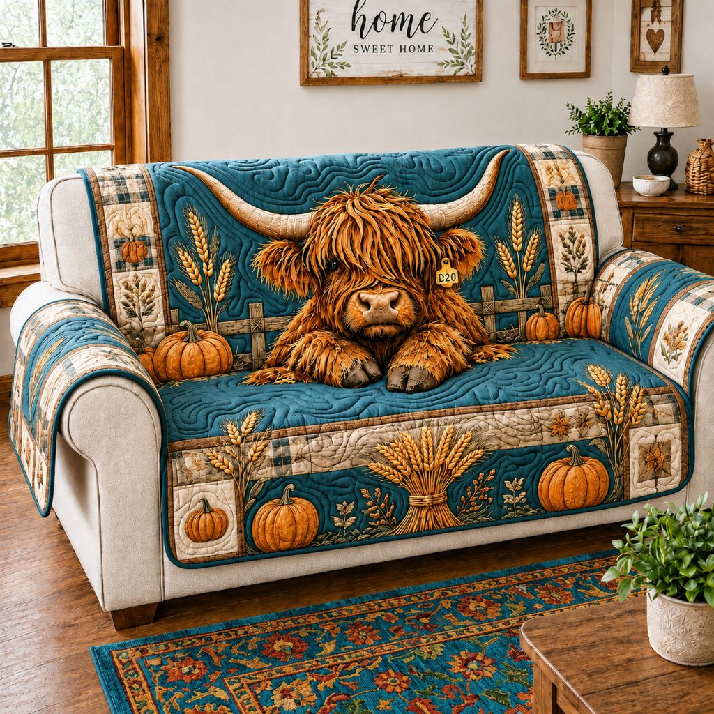 Highland Cow Farmhouse Quilted Sofa Cover GFTONPT369