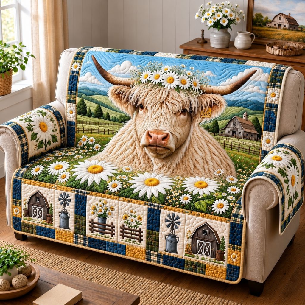 Highland Cow Pasture Quilted Sofa Cover GFTONPT370