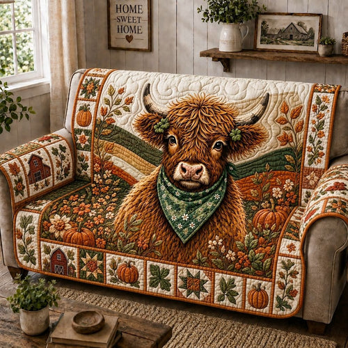 Highland Cow Valley Quilted Sofa Cover GFTONPT371