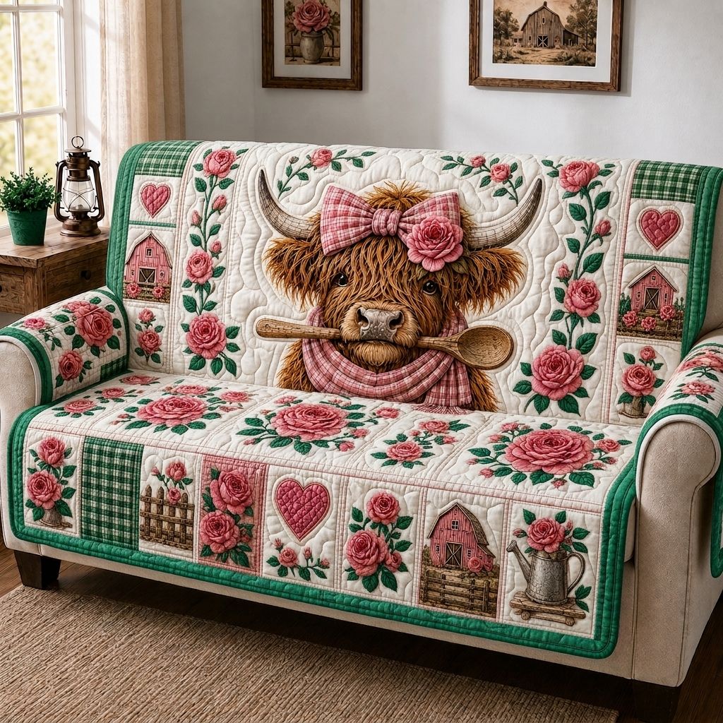 Highland Cow Homestead Quilted Sofa Cover GFTONPT372