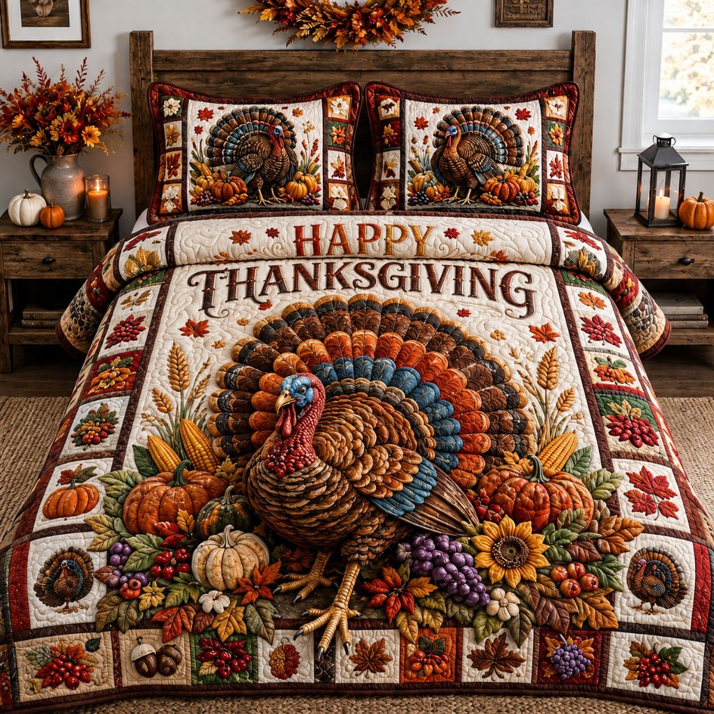 Turkey Harvest Blessing 3-Piece Quilted Bedding Set GFTONPT385