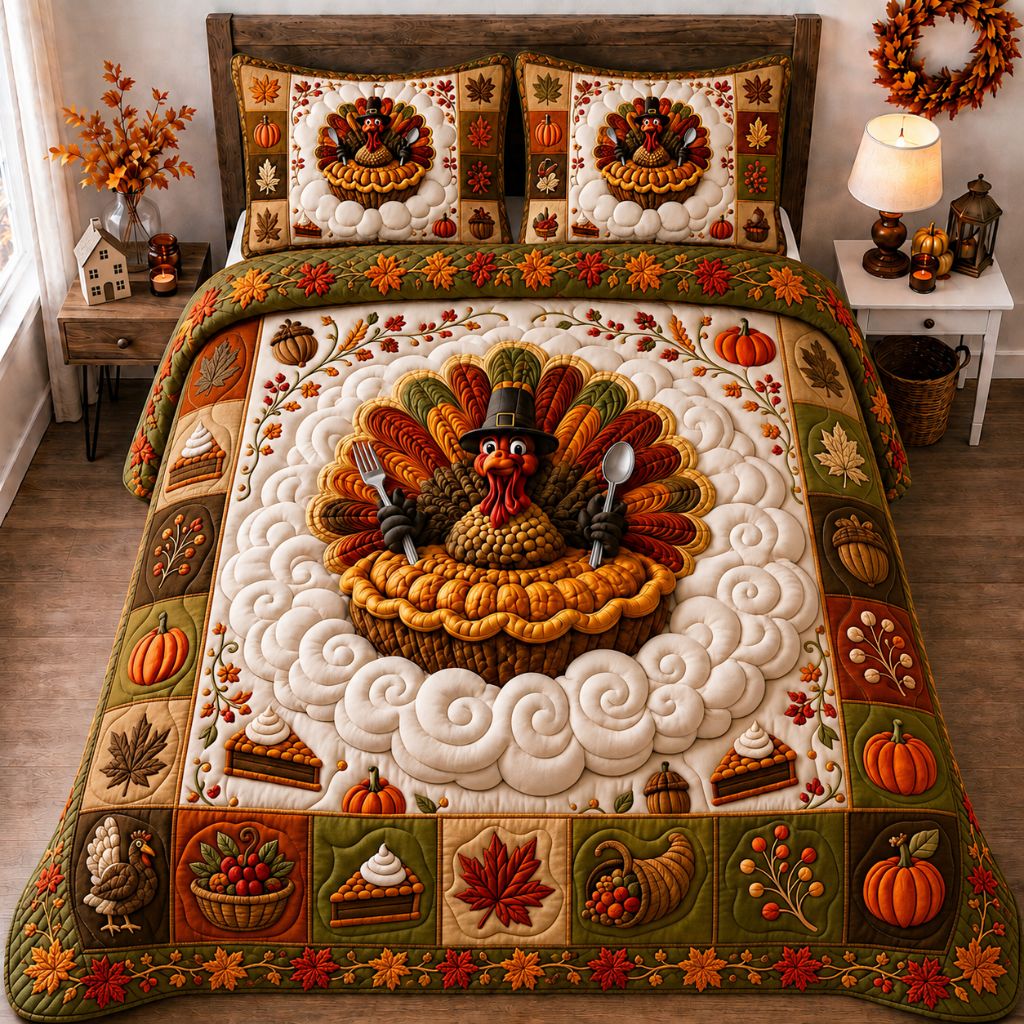 Festive Turkey Gathering 3-Piece Quilted Bedding Set GFTONPT390