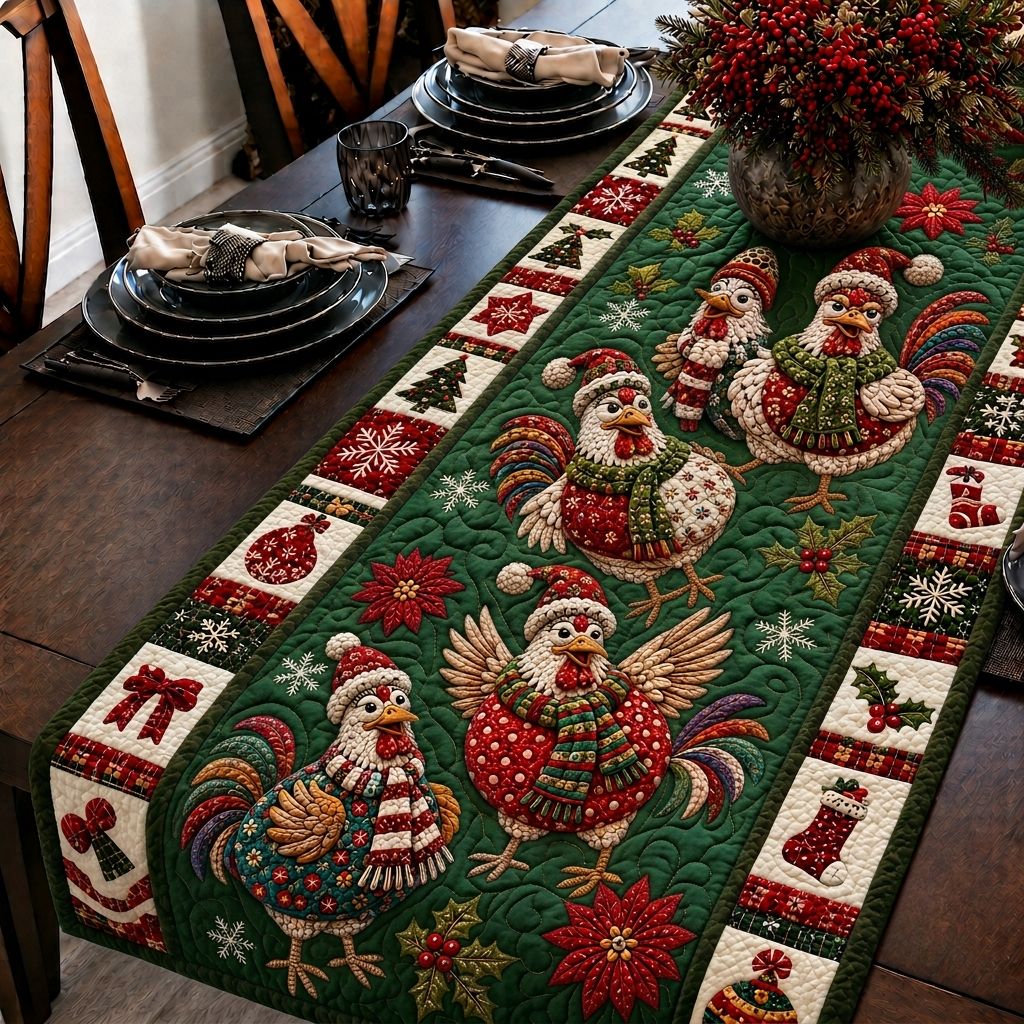 Merry Chicken Christmas Quilted Table Runner GFTONPT392
