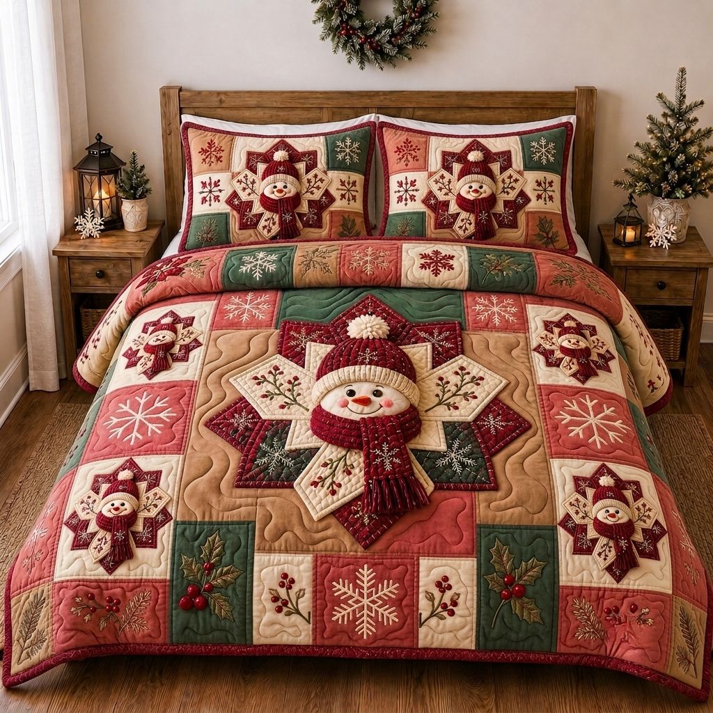 Snowman Winter Wishes 3-Piece Quilted Bedding Set GFTONPT403