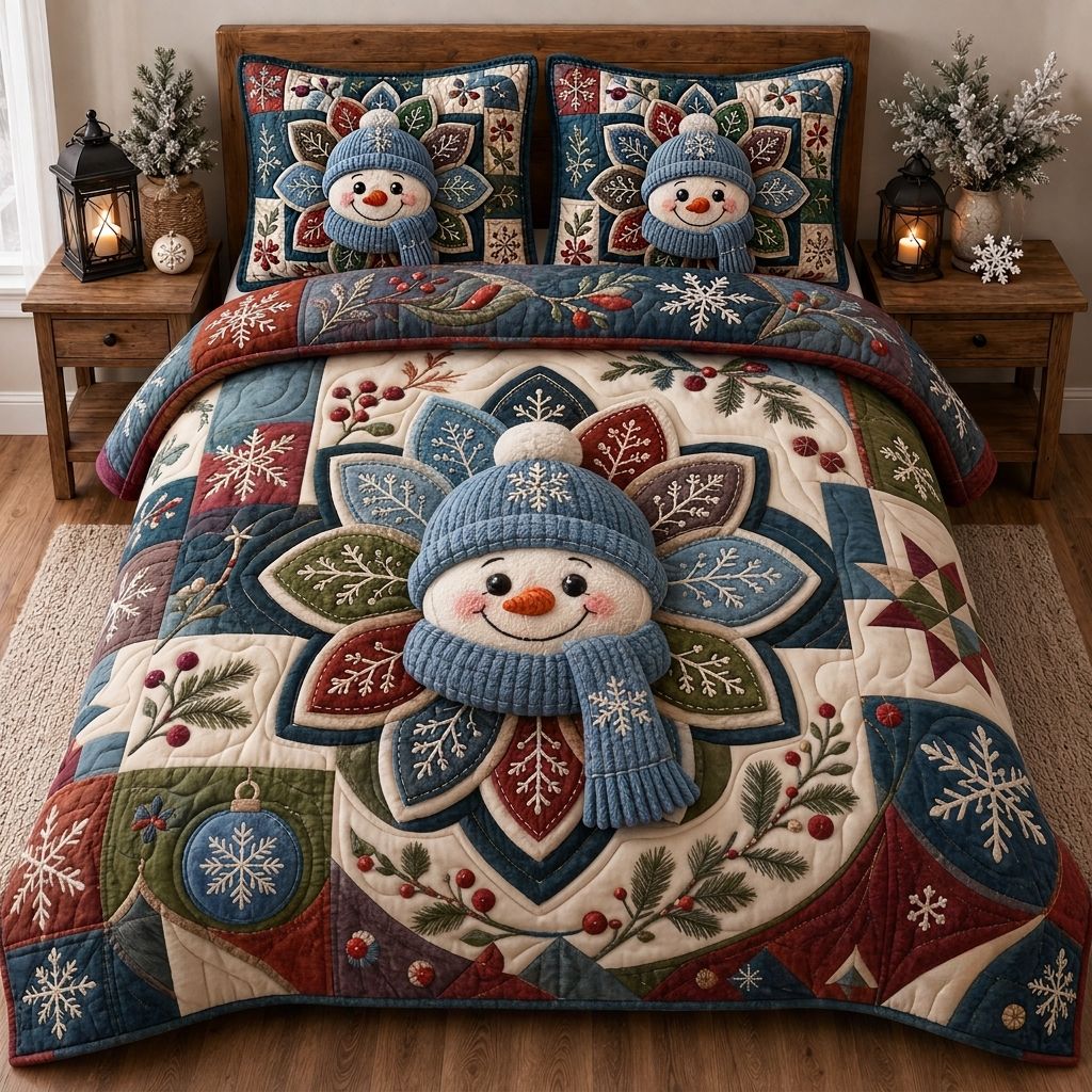 Cozy Snowman Nights 3-Piece Quilted Bedding Set GFTONPT406