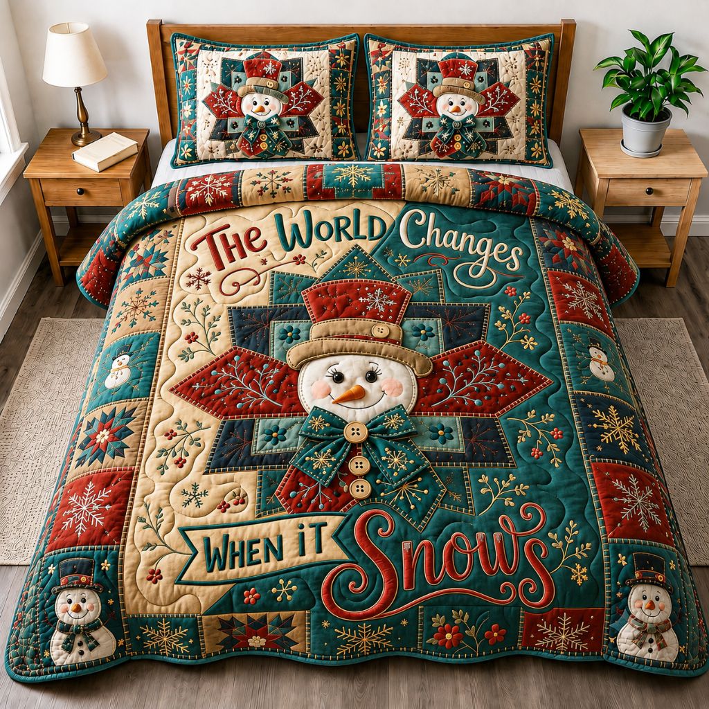 Merry Snowman Wonderland 3-Piece Quilted Bedding Set GFTONPT408