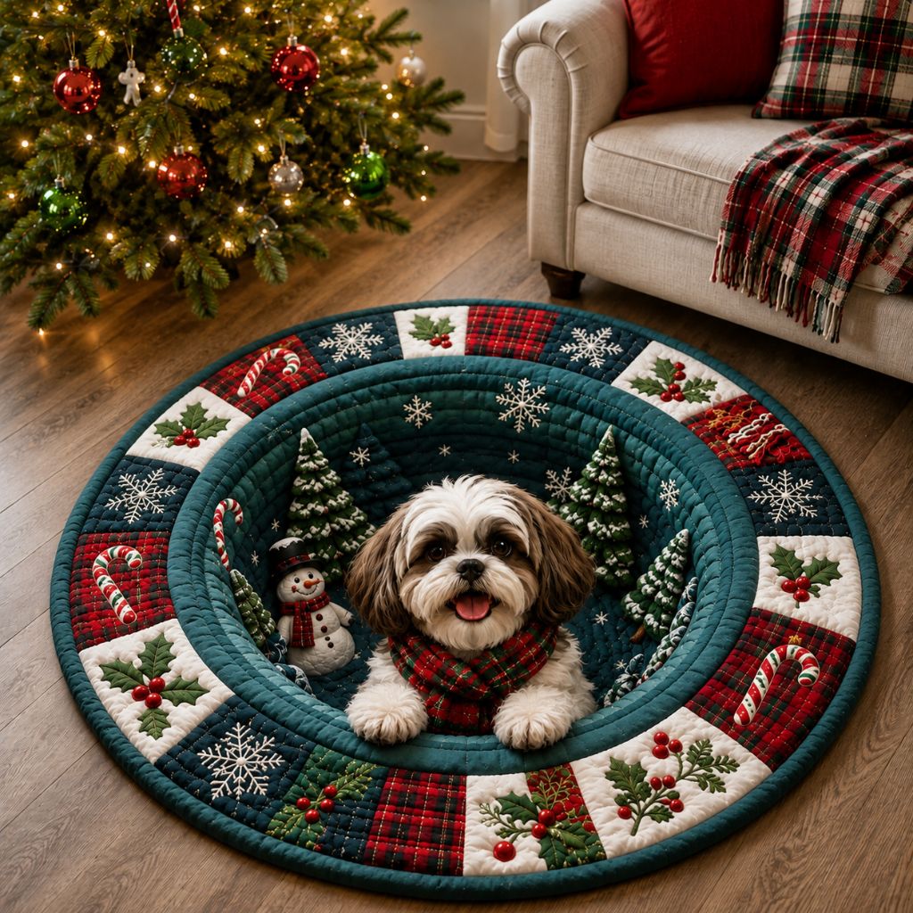 Jolly Christmas Shih Tzu Quilted Round Mat GFTONPT418