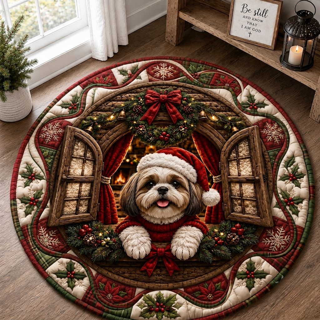 Christmas Shih Tzu Wishes Quilted Round Mat GFTONPT420