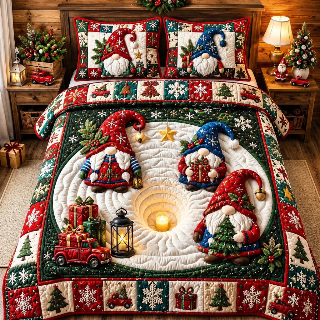 Merry Gnomes Christmas 3-Piece Quilted Bedding Set GFTONPT435