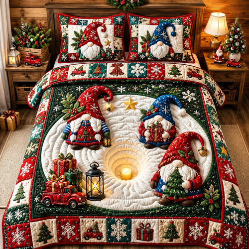 Merry Gnomes Christmas 3-Piece Quilted Bedding Set GFTONPT435