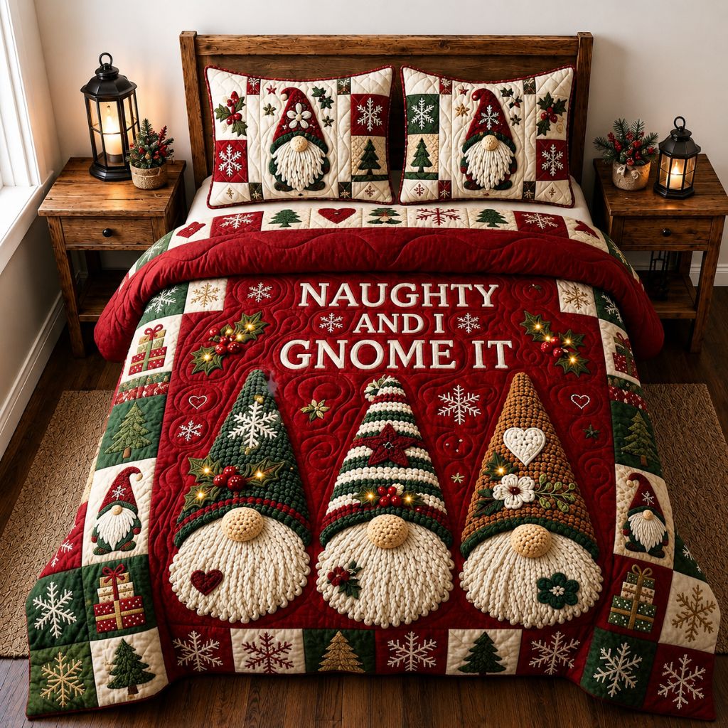 Christmas Gnomes Wishes 3-Piece Quilted Bedding Set GFTONPT436