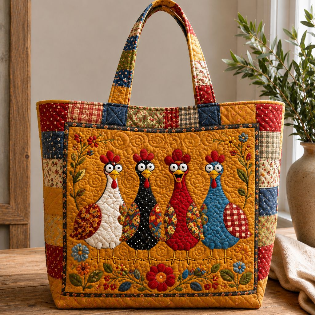 Rustic Chicken Meadow Quilted Tote Bag GFTONPT477